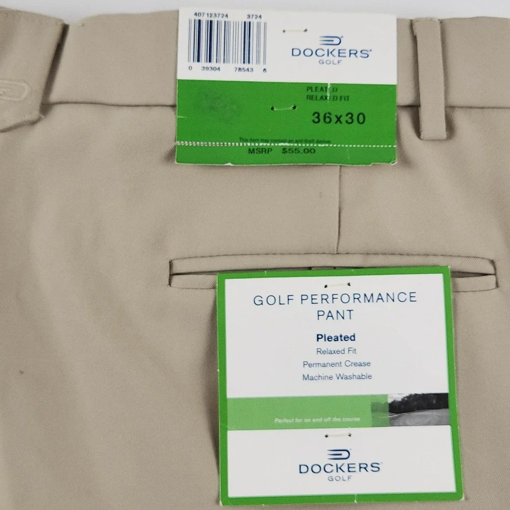 NWT Dockers Golf Performance Pants 36x30 Tan Pleated Relaxed Fit Khaki 407123724